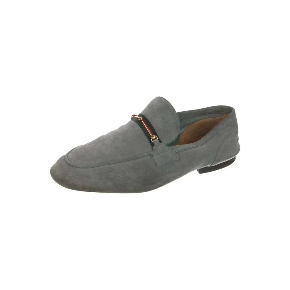 Gucci Mens Grey Suede Web Horsebit Loafers Size 10 Italy Luxury Shoes